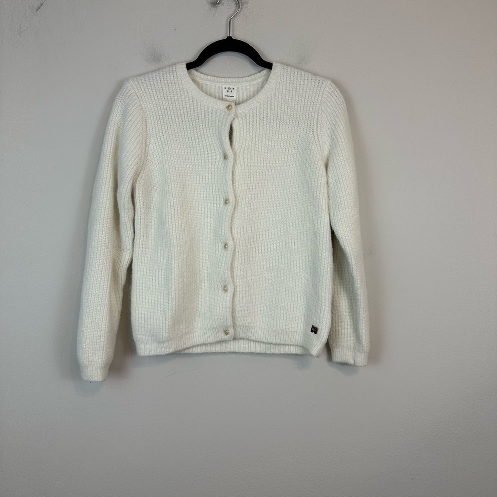 Carrement Beau | White Fuzzy Gold Button Knit Cardigan Sweater Size 12
